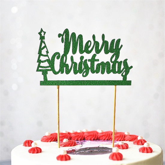 Изображение Бумага Вставная Карта Торта Рождественская елка Зеленый С Блестками 5 Комплектов