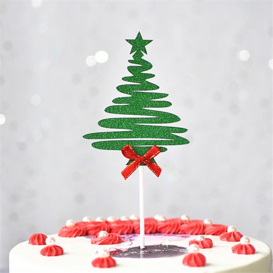 Picture of Paper Cupcake Picks Toppers Christmas Tree Green Glitter 5 Sets