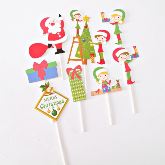 Image de Gâteau Topper Picks en Papier Père de Noël Multicolore Arbres 1 Kit ( 6 PCs/Kit)