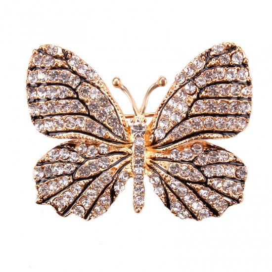 Picture of Pin Brooches Butterfly Animal Gold Plated Clear Rhinestone 44mm x 37mm, 1 Piece