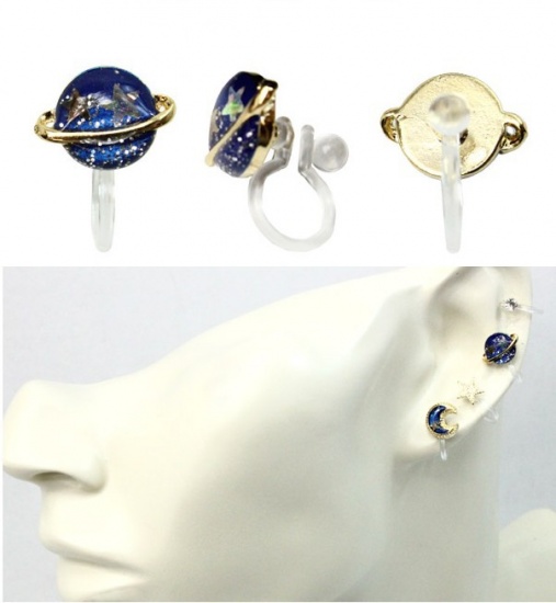 Picture of Ear Post Stud Earrings Set Star Half Moon Planet Gold Plated Deep Blue Enamel W/ Stoppers 11mm x8mm( 3/8" x 3/8") - 3mm( 1/8") Dia., Post/ Wire Size: (20 gauge), 1 Set