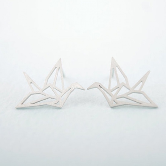 Picture of Ear Post Stud Earrings Silver Plated Origami Crane 10mm x 5mm, 1 Pair