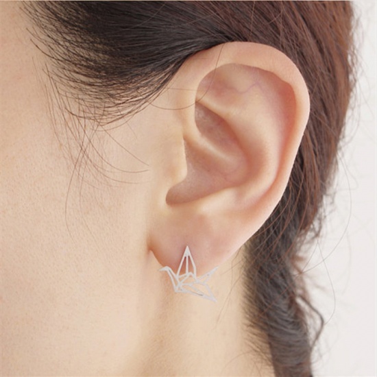 Picture of Ear Post Stud Earrings Silver Plated Origami Crane 10mm x 5mm, 1 Pair