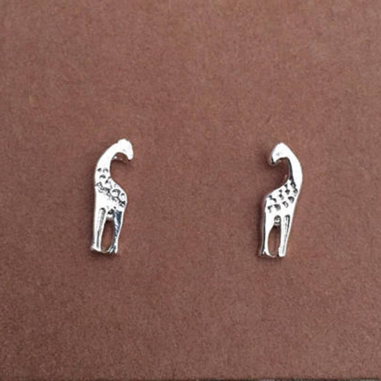 Picture of Ear Post Stud Earrings Silver Tone Giraffe Animal 15mm x 5mm, 1 Pair