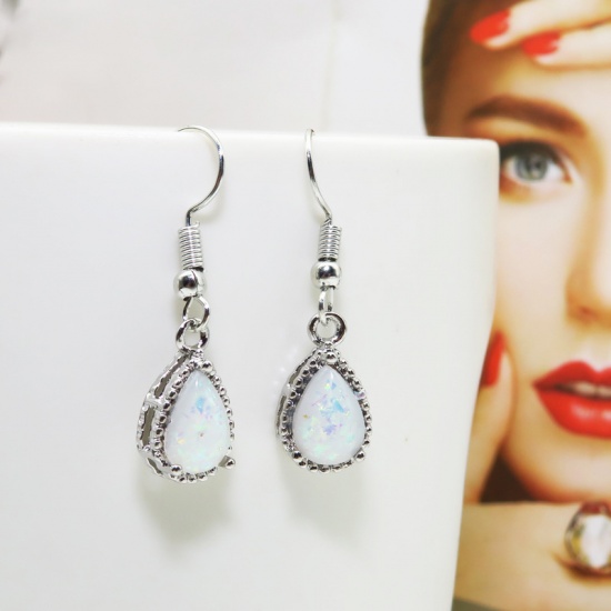 Picture of Vintage Retro Earrings Silver Tone Drop Imitation Opal 34mm x 9.5mm, 1 Pair