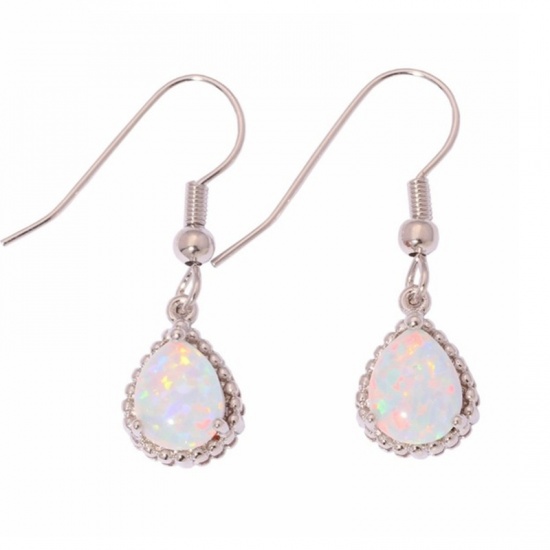 Picture of Vintage Retro Earrings Silver Tone Drop Imitation Opal 34mm x 9.5mm, 1 Pair