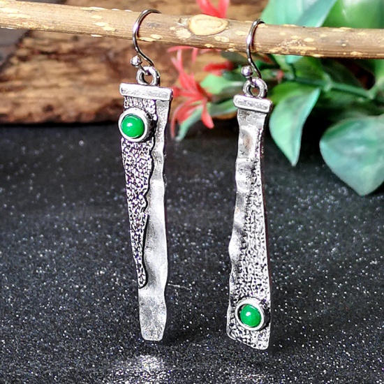Picture of Vintage Retro Earrings Antique Silver Color Green Saw Imitation Jade 6.1cm x 1cm, 1 Pair