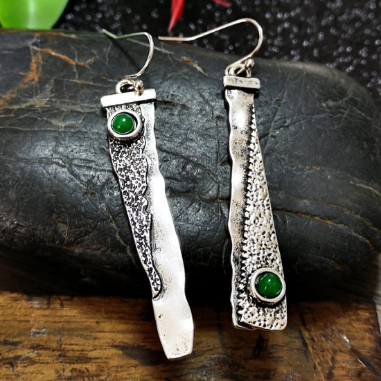 Picture of Vintage Retro Earrings Antique Silver Color Green Saw Imitation Jade 6.1cm x 1cm, 1 Pair