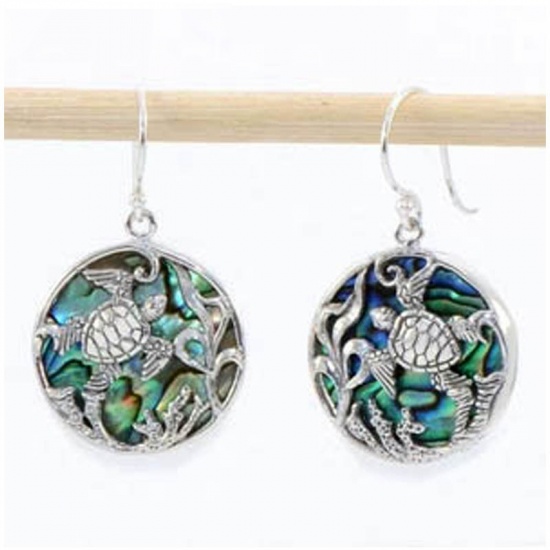 Picture of Abalone Shell Vintage Retro Earrings Antique Silver Color Green Blue Round Tortoise 28mm x 15mm, 1 Pair