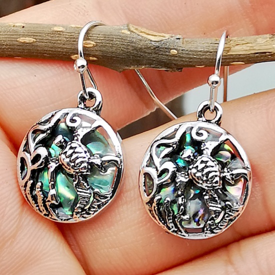Picture of Abalone Shell Vintage Retro Earrings Antique Silver Color Green Blue Round Tortoise 28mm x 15mm, 1 Pair