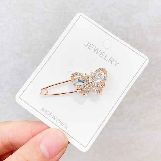 Picture of Pin Brooches Butterfly Animal Rose Gold Clear Rhinestone 40mm x 15mm, 1 Piece