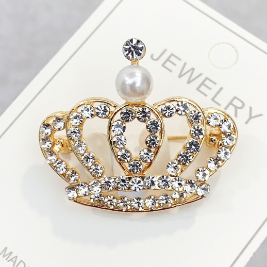 Picture of Pin Brooches Crown Gold Plated White Imitation Pearl Clear Rhinestone 38mm x 32mm, 1 Piece