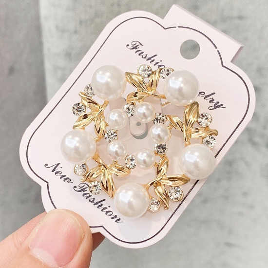 Picture of Pin Brooches Round Leaf Gold Plated White Imitation Pearl Clear Rhinestone 43mm x 43mm, 1 Piece