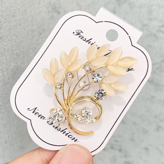Picture of Pin Brooches Branch Gold Plated Beige Clear Rhinestone 50mm x 40mm, 1 Piece