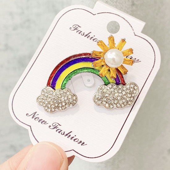 Picture of Pin Brooches Rainbow Sun Silver Tone Multicolor Imitation Pearl Clear Rhinestone 44mm x 31mm, 1 Piece