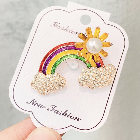 Picture of Pin Brooches Rainbow Sun Gold Plated Multicolor Imitation Pearl Clear Rhinestone 44mm x 31mm, 1 Piece