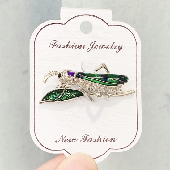 Picture of Pin Brooches Insect Animal Silver Tone Green Enamel 41mm x 24mm, 1 Piece