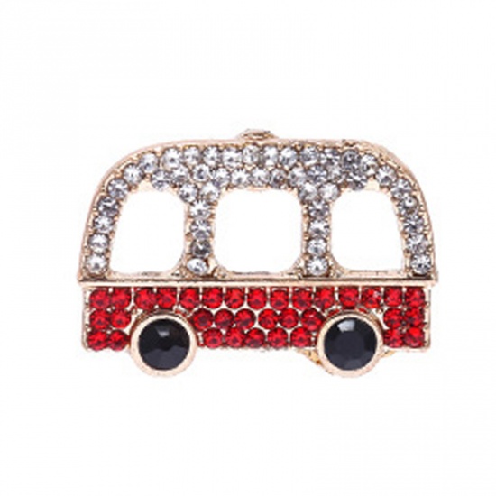 Picture of Pin Brooches England Double-Decker Bus Gold Plated Clear & Red Rhinestone 22mm x 14mm, 1 Piece