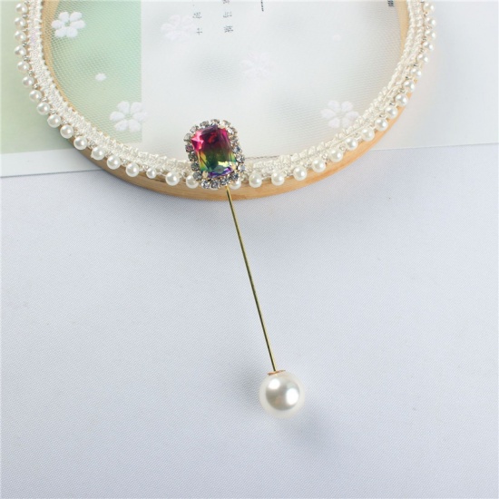 Picture of Pin Brooches Oval Multicolor Imitation Pearl Clear Rhinestone 80mm x 15mm, 1 Piece