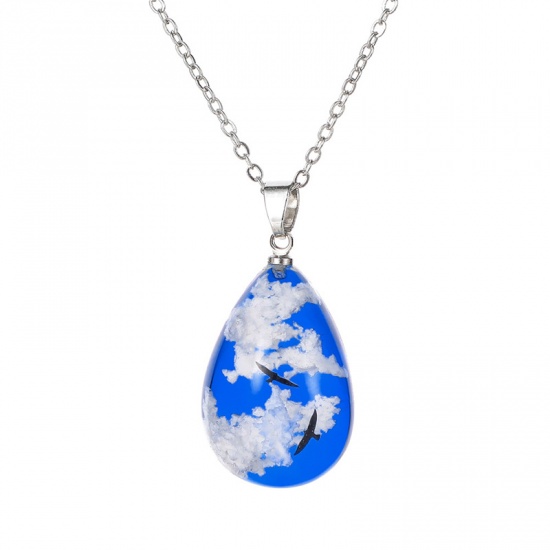 Picture of Necklace Silver Tone White & Blue Drop Cloud 50cm(19 5/8") long, 1 Piece