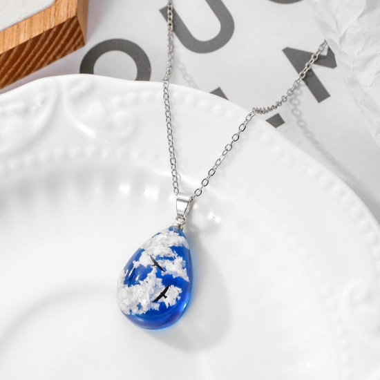 Picture of Necklace Silver Tone White & Blue Drop Cloud 50cm(19 5/8") long, 1 Piece