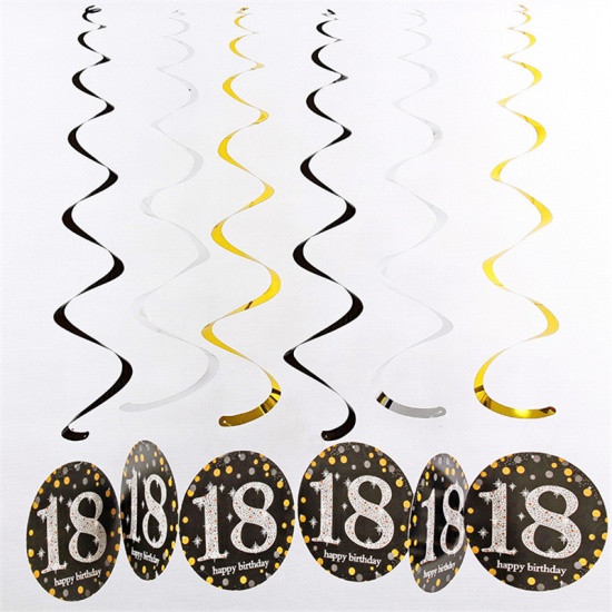Picture of Plastic Hanging Decoration Birthday Supplies Black Round Spiral Message " 18 " 18cm, 1 Set ( 6 PCs/Set)