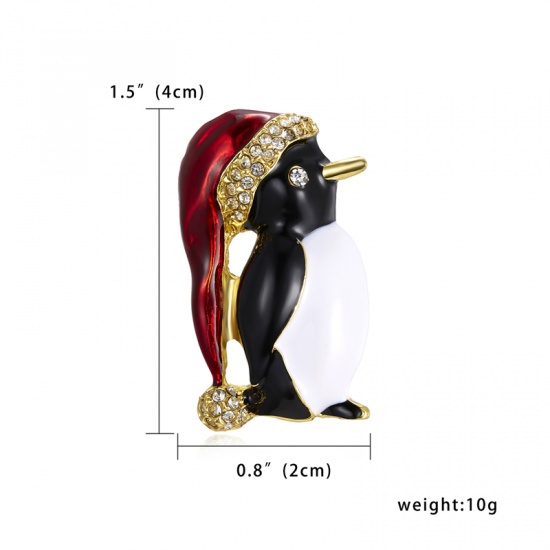 Picture of Christmas Pin Brooches Penguin Animal Gold Plated Multicolor Clear Rhinestone 40mm x 20mm, 1 Piece