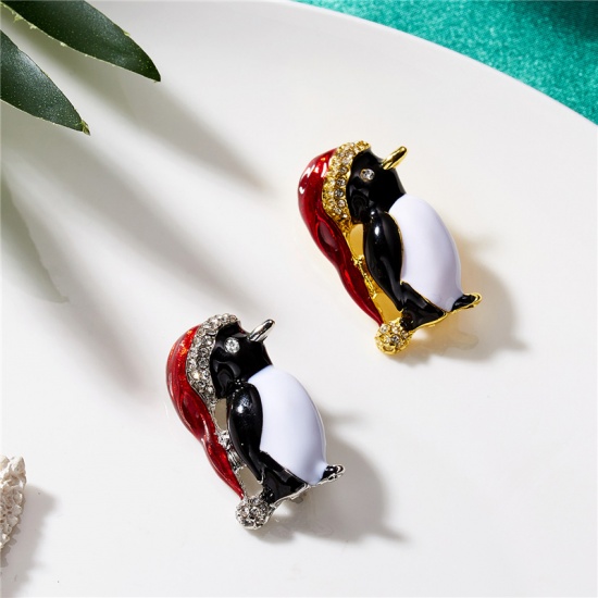 Picture of Christmas Pin Brooches Penguin Animal Gold Plated Multicolor Clear Rhinestone 40mm x 20mm, 1 Piece