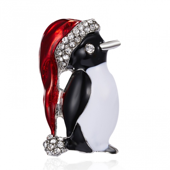 Picture of Christmas Pin Brooches Penguin Animal Multicolor Clear Rhinestone 40mm x 20mm, 1 Piece
