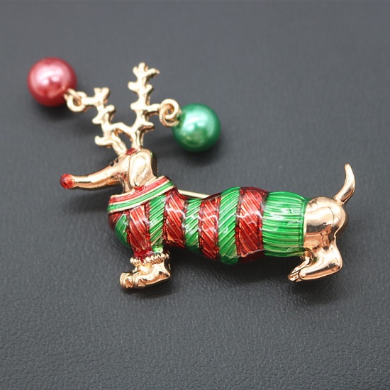 Bild von 1 Stück Weihnachten Brosche Hund Geweih Vergoldet Rot & Grün Emaille