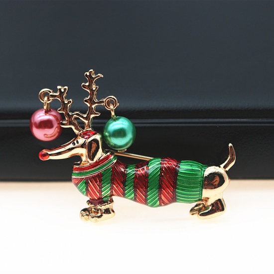 Picture of 1 Piece Christmas Pin Brooches Dog Animal Deer Horn/ Antler Gold Plated Red & Green Enamel