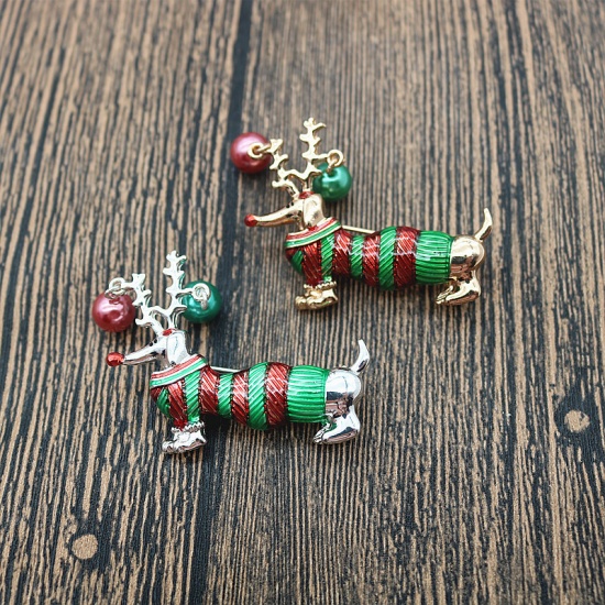 Picture of 1 Piece Christmas Pin Brooches Dog Animal Deer Horn/ Antler Gold Plated Red & Green Enamel
