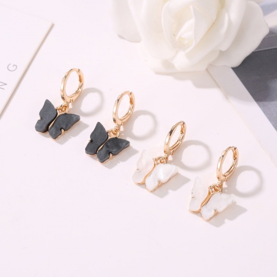 Picture of Hoop Earrings Gold Plated Gray Black Butterfly Animal 25mm x 10mm, 1 Pair