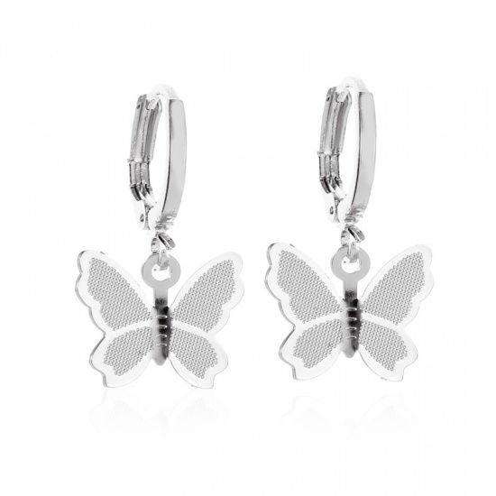 Picture of Brass Hoop Earrings Silver Tone Butterfly Animal 14mm, 1 Pair                                                                                                                                                                                                 