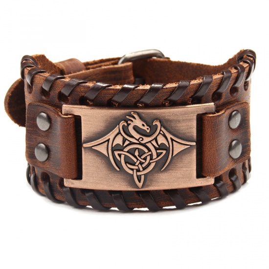 Picture of Cowhide Leather Bracelets Antique Copper Brown Totem 27.5cm(10 7/8") long, 1 Piece