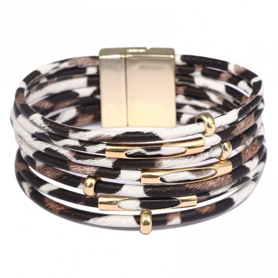 Picture of Bracelets Gold Plated White Circle Ring Leopard Print With Magnetic Clasp 19.5cm(7 5/8") long, 1 Piece