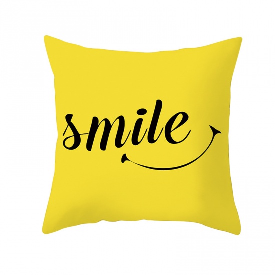 Picture of Velvet Pillow Cases Black & Yellow Square " SMILE " Pattern 45cm x 45cm, 1 Piece