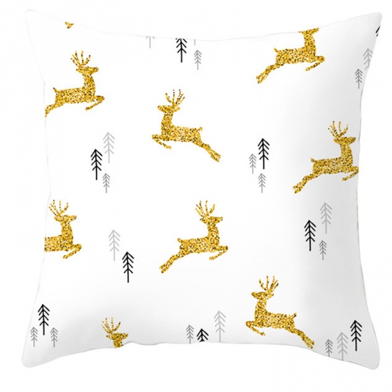 Picture of Velvet Pillow Cases White Square Christmas Reindeer Pattern 45cm x 45cm, 1 Piece