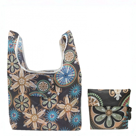 Picture of Polyester Portable Foldable Eco-Friendly Shopping Bag Multicolor Flower 55cm x 36cm, 1 Piece