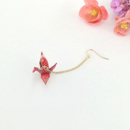 Picture of Wholesale Japanese Style Retro Earrings, Origami Crane Red Gold Plated Brass, Women's Gift Jewelry Supply, 65mm, 1 Piece