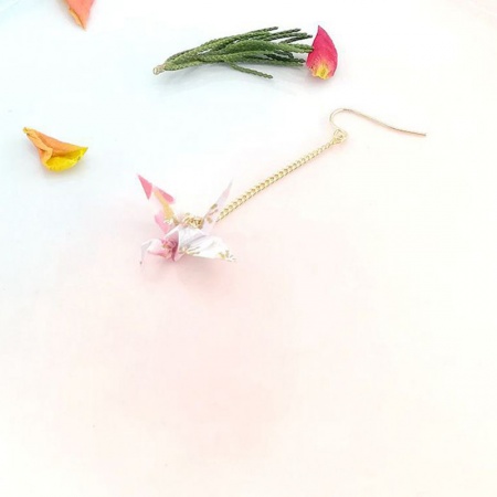 Picture of Wholesale Japanese Style Retro Earrings, Origami Crane White & Pink Gold Plated Brass, Women's Gift Jewelry Supply, 65mm, 1 Piece