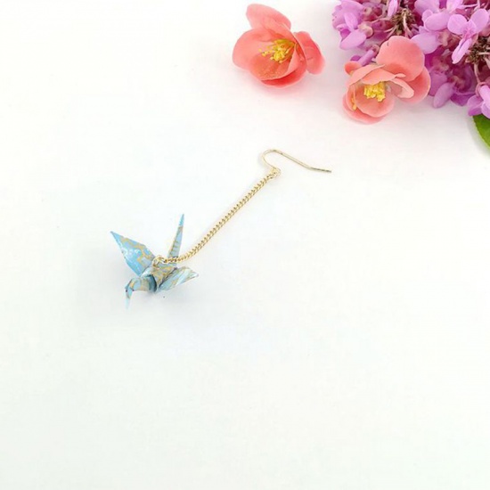 Picture of Brass Earrings Gold Plated Blue Origami Crane 65mm, 1 Piece                                                                                                                                                                                                   