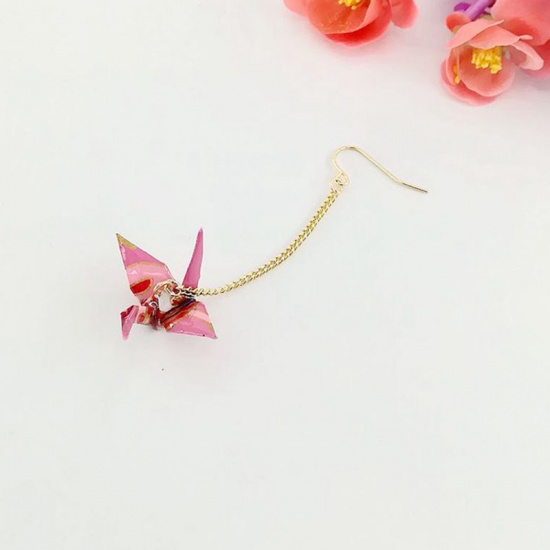 Picture of Brass Earrings Gold Plated Pink Origami Crane 65mm, 1 Piece                                                                                                                                                                                                   