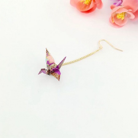Picture of Wholesale Japanese Style Retro Earrings, Origami Crane Purple Gold Plated Brass, Women's Gift Jewelry Supply, 65mm, 1 Piece
