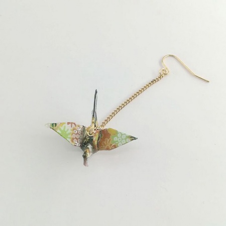 Picture of Wholesale Japanese Style Retro Earrings, Origami Crane Green Gold Plated Brass, Women's Gift Jewelry Supply, 65mm, 1 Piece
