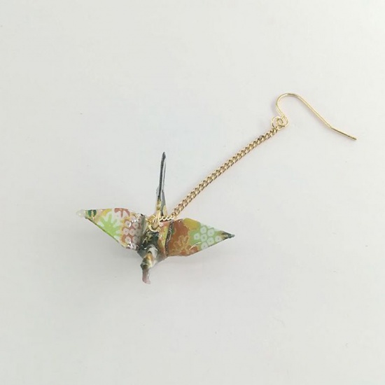 Picture of Brass Earrings Gold Plated Green Origami Crane 65mm, 1 Piece                                                                                                                                                                                                  