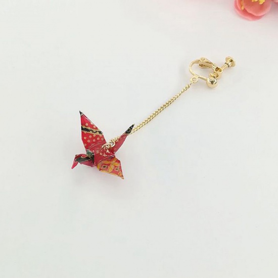 Picture of Brass Ear Clips Earrings Gold Plated Red Origami Crane 65mm, 1 Piece                                                                                                                                                                                          