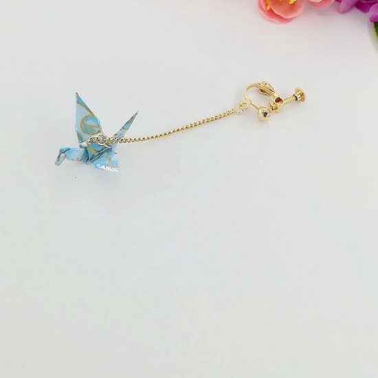 Picture of Brass Ear Clips Earrings Gold Plated Blue Origami Crane 65mm, 1 Piece                                                                                                                                                                                         