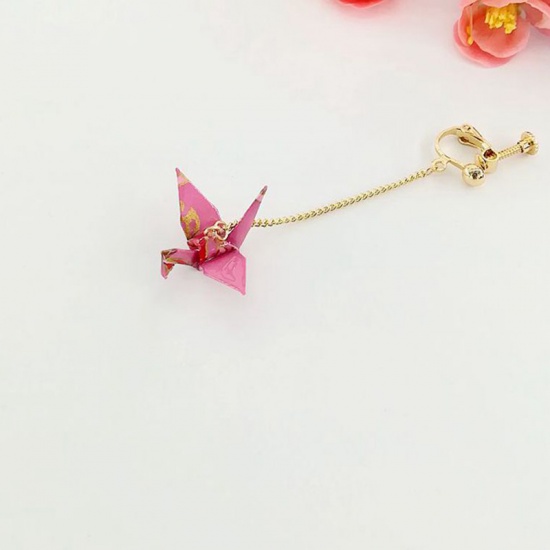 Picture of Brass Ear Clips Earrings Gold Plated Pink Origami Crane 65mm, 1 Piece                                                                                                                                                                                         