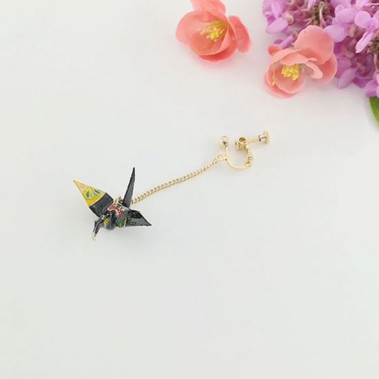 Picture of Brass Ear Clips Earrings Gold Plated Black Origami Crane 65mm, 1 Piece                                                                                                                                                                                        